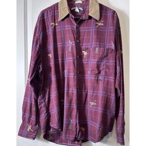 Vintage Thornton Bay Maroon Hunting Print  Cotton Shirt Corduroy Collar Cuffs L